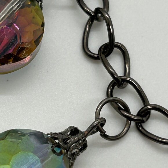 Aurora Borealis Crystal Charm Bracelet W/ Cameo Pendant Antique Black Chain Desi - Picture 11 of 16